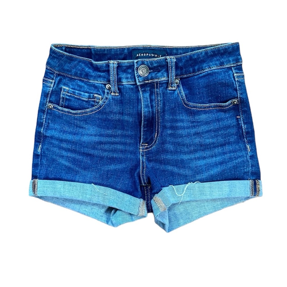 Aeropostale Flex Effects High-Rise Dark Wash Denim Midi Shorts with Rolled Cuffs